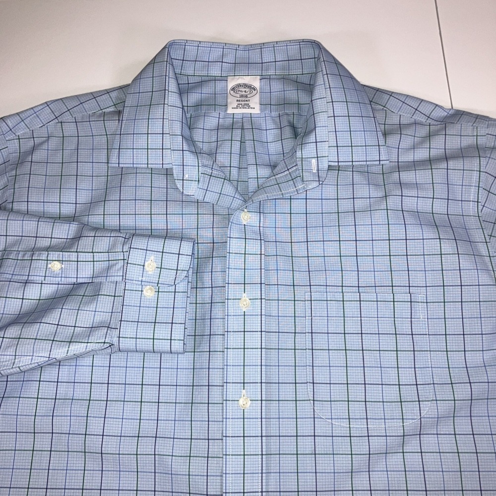 Brooks Brothers Regent Fit 17.5 Blue Green Tattersall Dress Shirt Pleated Cuff